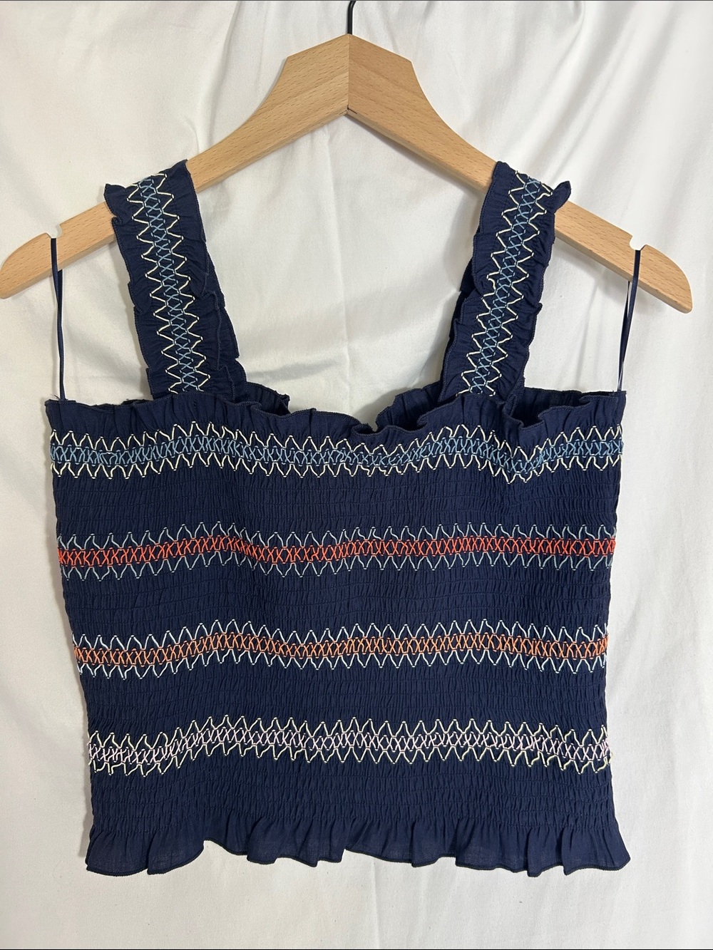 Timing Navy Smocked Camisole with Multicolor Zigzag Accents